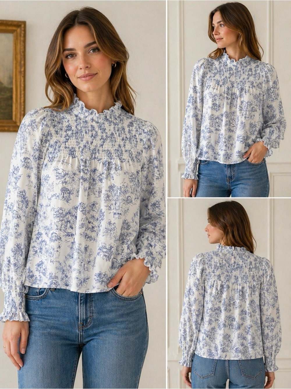 Maison Cinqcent High-Neck Toile feminine Blouse in Blue and White - sz sm